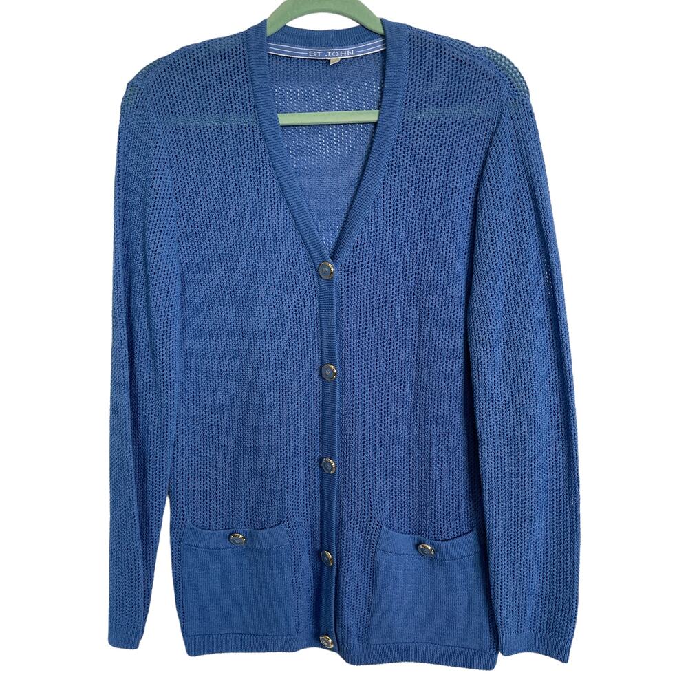 St John Blue Cardigan Button Up V-Neck Long Sleeves Size P